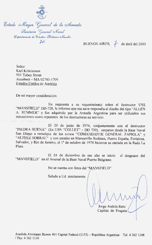 Letter from Argentine Navy